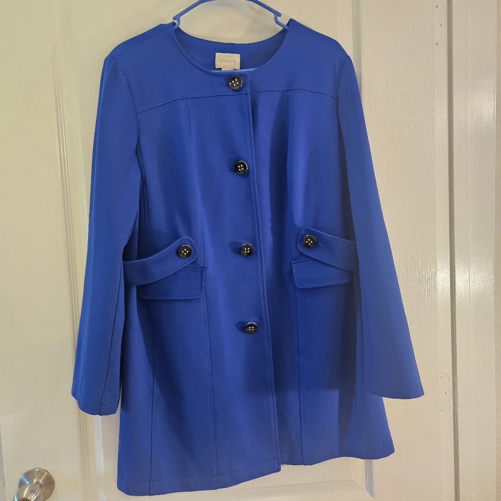 Chico's women's blue button up coat jacket blazer overcoat size 2